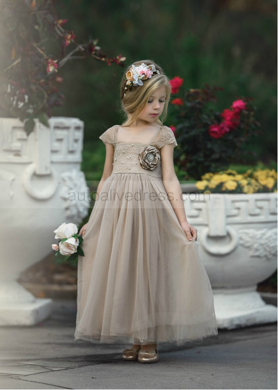 Dark Champagne Lace Tulle Pearl Elastic Back Flower Girl Dress